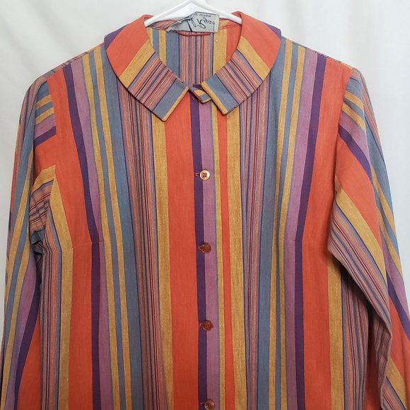 Shirt Dress Long Sleeves Vertical Stripes Collar Button Front Muriel Ryan Serbin - Picture 2 of 11